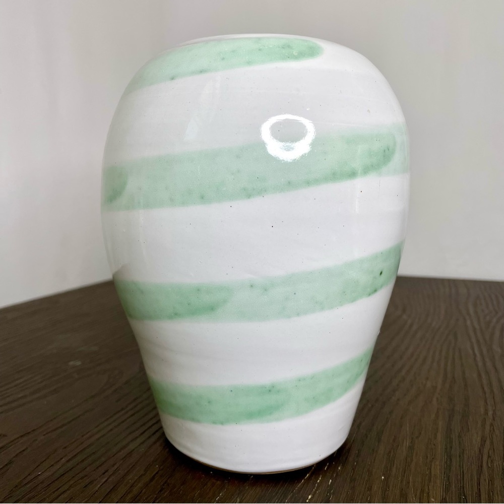 Artisan Pottery 7" Vessel White Green Swirl Handmade